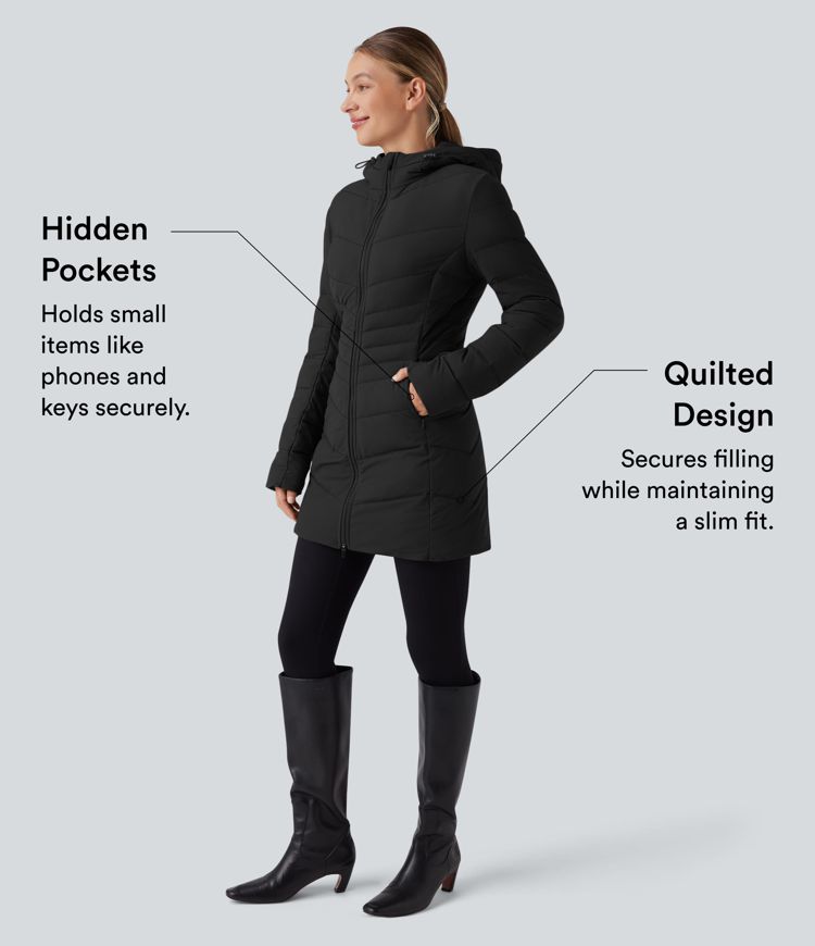 puffflex kapuzenjacke lange dehnbare wattierte freizeitjacke mit taschen