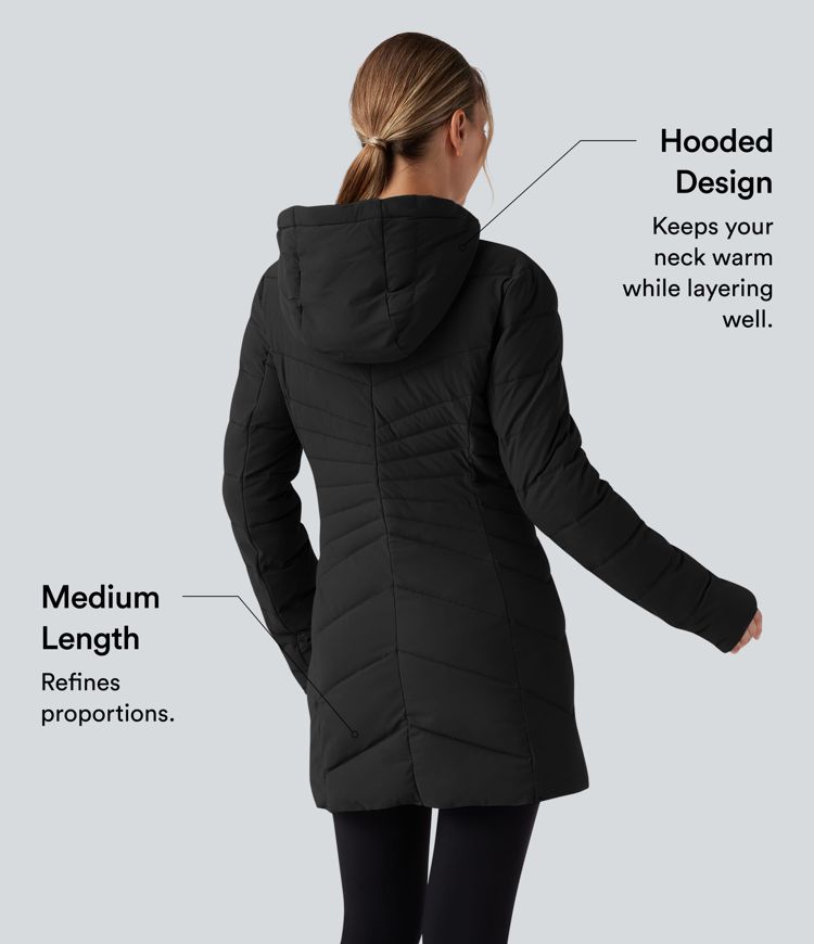 puffflex kapuzenjacke lange dehnbare wattierte freizeitjacke mit taschen