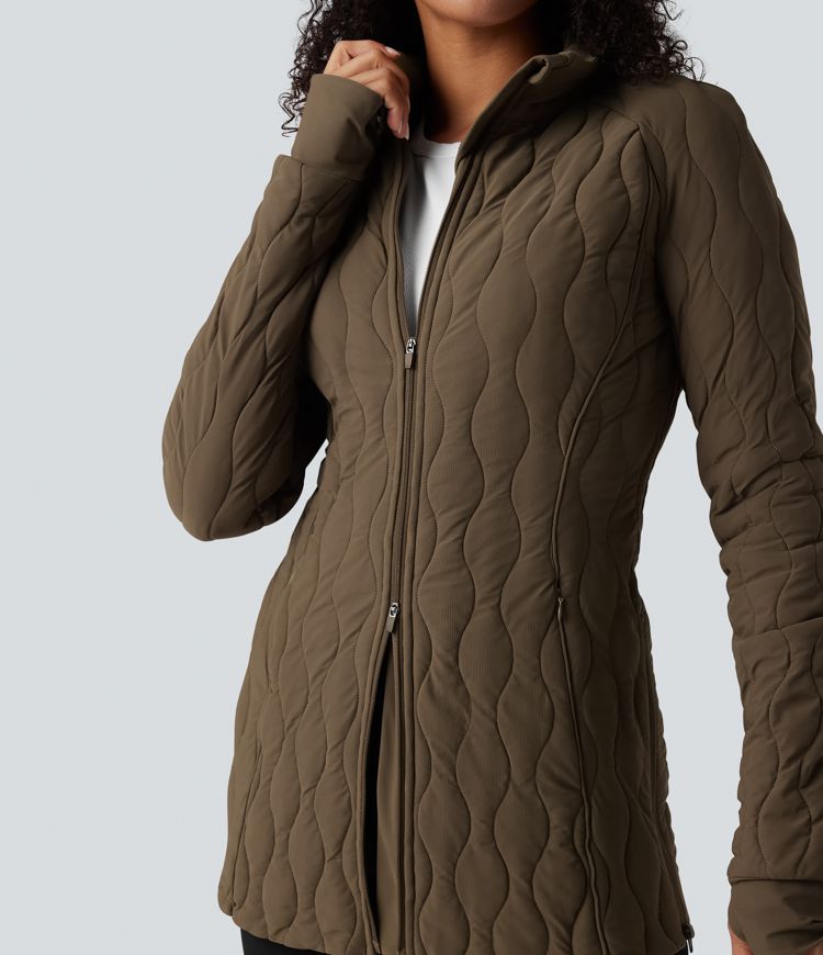 steppjacke mit hohem kragen langen Ärmeln daumenlöchern reißverschluss und taschen