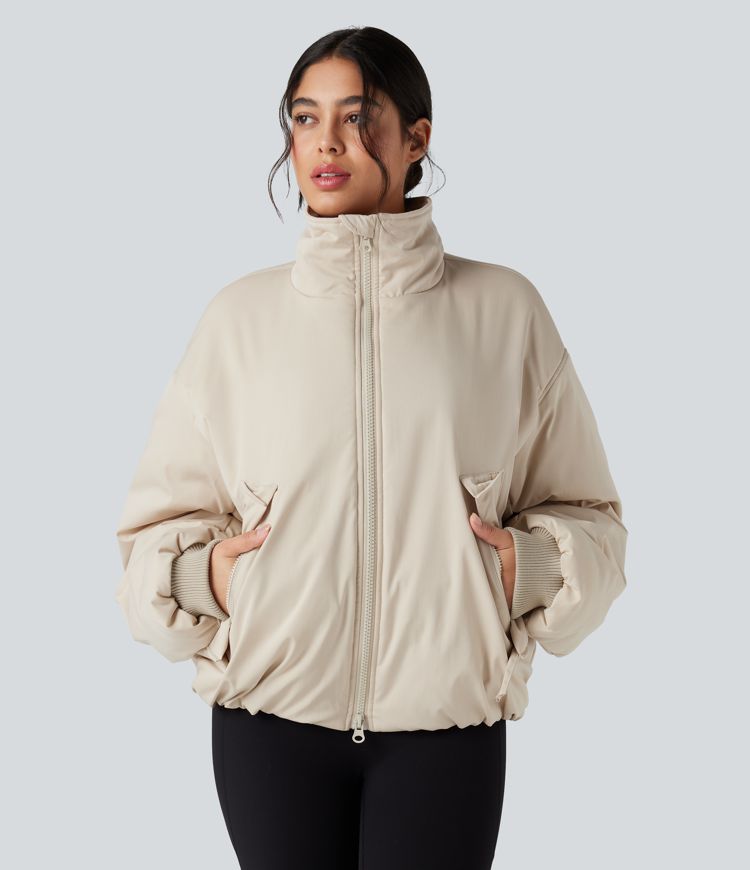lässige steppjacke mit hohem kragen langen Ärmeln reißverschluss und taschen