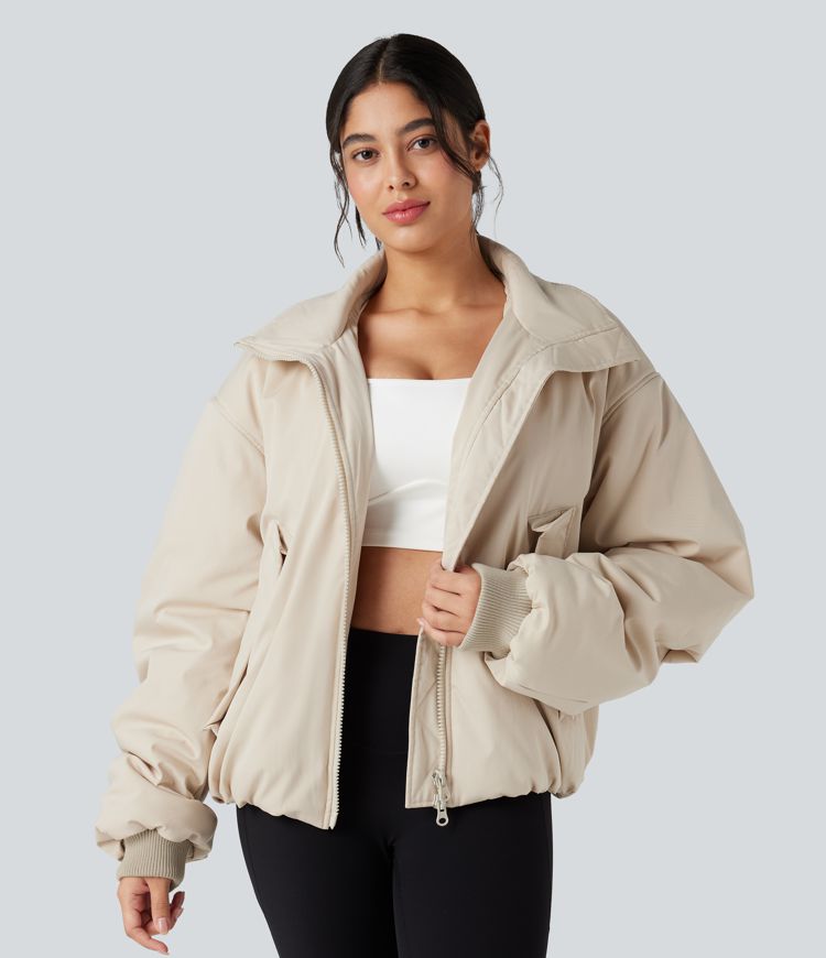 lässige steppjacke mit hohem kragen langen Ärmeln reißverschluss und taschen