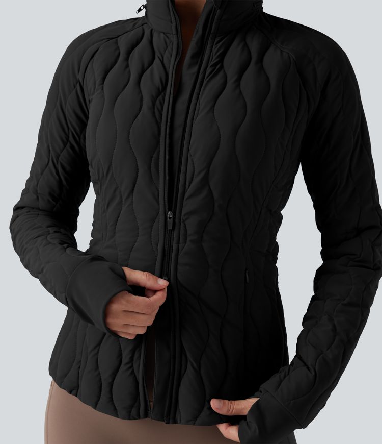 puffflex trainingsjacke mit hohem kragen daumenlöchern stretchanteil wattierung taschen und verstaubarem nackenkissen