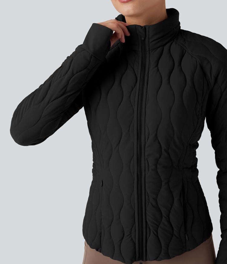 puffflex trainingsjacke mit hohem kragen daumenlöchern stretchanteil wattierung taschen und verstaubarem nackenkissen