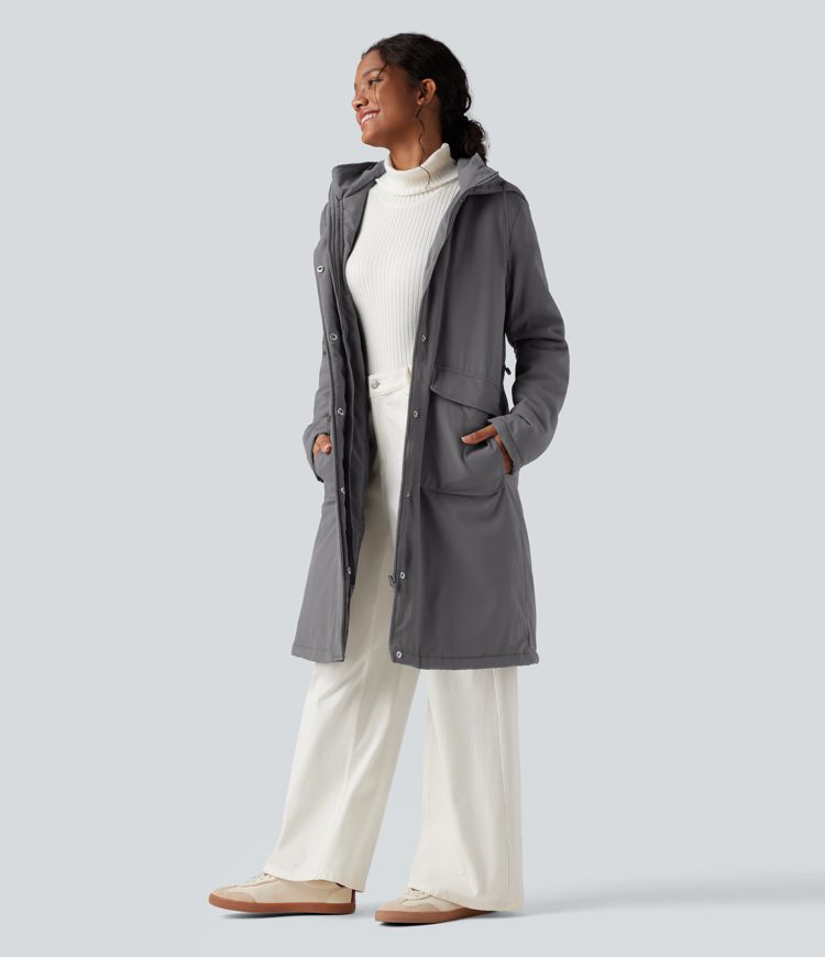 wasserabweisender langer freizeitparka mit kapuze kordelzug und taschen
